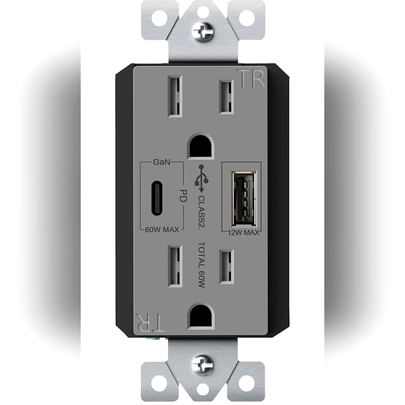 USB & Type C, 65 W, Gray Wall Outlet - Picture 1 of 8